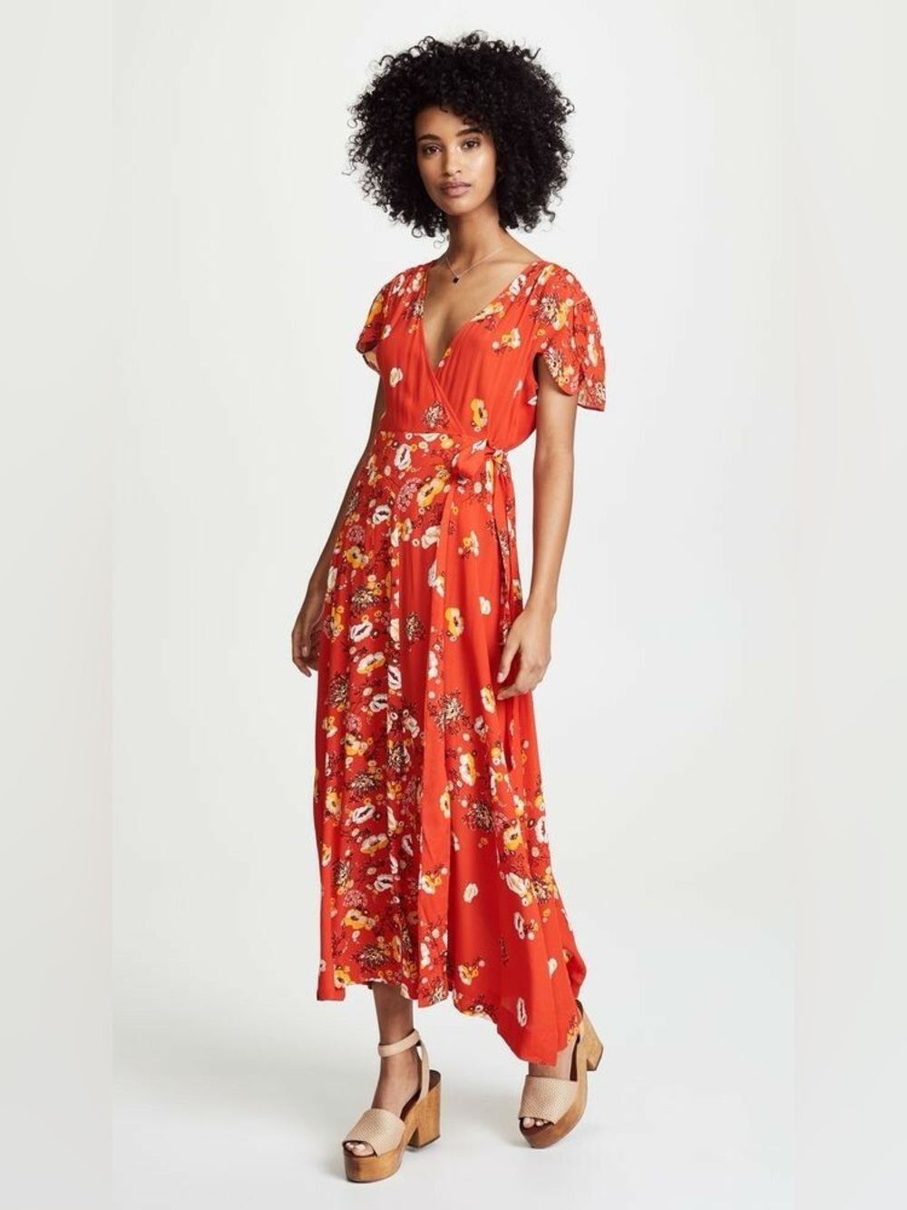 Free People Gorgeous Jess Wrap Dress Red Floral Maxi Midi Size XS Summer Coastal